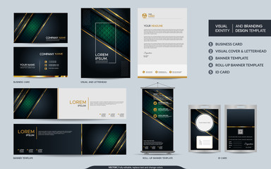 Luxury black gold stationery mock up set and visual brand identity with abstract overlap layers background.