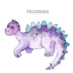 Watercolor and graphic hand painted dinosaurs Triceratops, Brachiosaurus, Stegosaurus, Pteranodon, Hypacrosaurus, Tyrannosaurus on white background