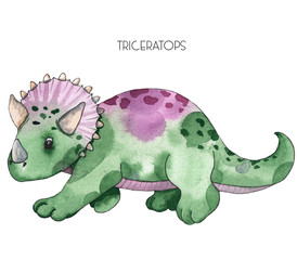 Watercolor and graphic hand painted dinosaurs Triceratops, Brachiosaurus, Stegosaurus, Pteranodon, Hypacrosaurus, Tyrannosaurus on white background © Анна Егорова