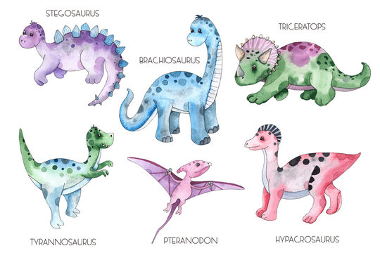 Watercolor and graphic hand painted dinosaurs Triceratops, Brachiosaurus, Stegosaurus, Pteranodon, Hypacrosaurus, Tyrannosaurus on white background