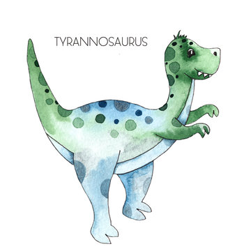 Watercolor and graphic hand painted dinosaurs Triceratops, Brachiosaurus, Stegosaurus, Pteranodon, Hypacrosaurus, Tyrannosaurus on white background