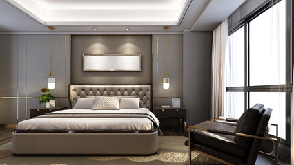 3D rendering modern bedroom suite in hotel with tv