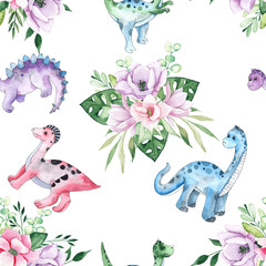 Watercolor and graphic dinosaurs seamless patterns withTriceratops, Brachiosaurus, Stegosaurus, Pteranodon, Hypacrosaurus, Tyrannosaurus on white and colored background © Анна Егорова