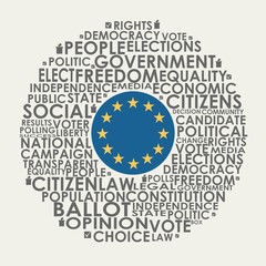 Words cloud relative for voting. Circle frame. Flag of the European Union