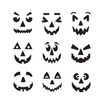 Black scary, cool and funny isolated Halloween pumpkin faces icons set on white background