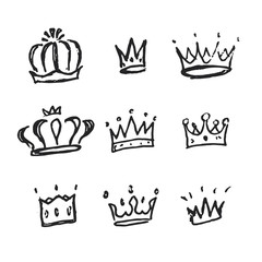Sketch crown. Simple graffiti crowning, elegant queen or king crowns hand drawn. Royal imperial coronation symbols, monarch majestic jewel tiara isolated icons vector illustration set
