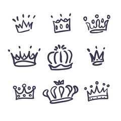 Sketch crown. Simple graffiti crowning, elegant queen or king crowns hand drawn. Royal imperial coronation symbols, monarch majestic jewel tiara isolated icons vector illustration set