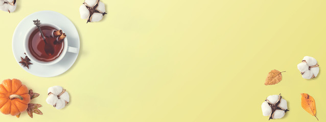 Black tea with cinnamon sticks and star anise - overhead view