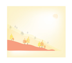 colorful autumn Landscape, Coniferous forest in the mountain, background in watercolor style, vector illustrtion.