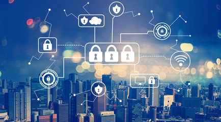 Cyber security theme with aerial view of city skylines at night