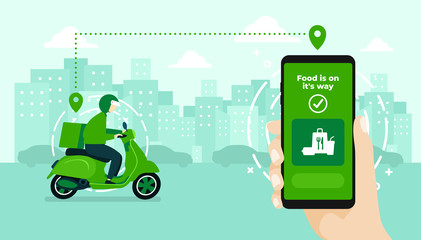 Food delivery service by scooter with courier. Hand holding mobile application tracking a delivery man on a moped. city skyline in the background.