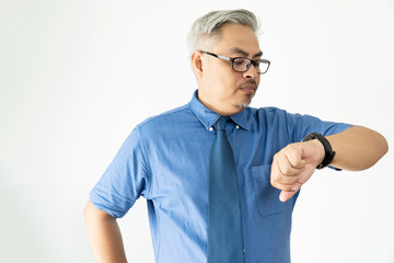 Portrait Confident Asian Business Man Wearing Glasses and Short Sleeve Shirt Looking at Wristwatch on White Background