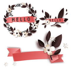 Invitation or greeting card decor, flower wreath and silk ribbon