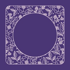 Square frame with rounded edges of pink flowers on a purple background. Decoration for wedding cards. Delicate flowers for wedding invitations, cards, holiday booklets. Spaces for text in the circle
