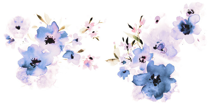 Flowers watercolor illustration.Manual composition.Big Set watercolor elements.