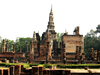 Pagoda and archaeological site temple at in Sukhothai historical park, one of  popular tourist attractions and famous landmarks, Sukhothai, Thailand. UNESCO world heritage city.