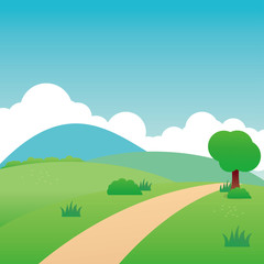 Summer landscape vector illustration with blue sky, tree and green meadow 