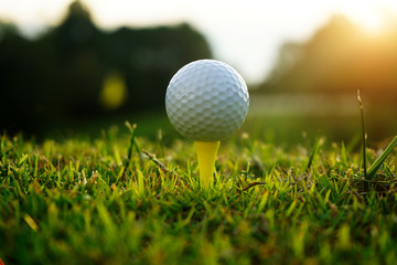 Golf ball on tee in beautiful golf course
