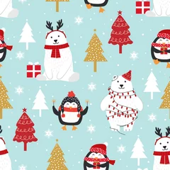 Behang Kerstmis naadloos patroon met ijsbeerachtergrond, winterpatroon met pinguïn, inpakpapier, opvulpatronen, wintergroeten, webpagina-achtergrond, kerst- en nieuwjaarswenskaarten © JANNTA