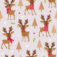 Christmas seamless pattern with reindeer background, Winter pattern with deer, wrapping paper, pattern fills, winter greetings, web page background, Christmas and New Year greeting cards