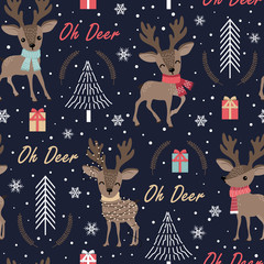 Christmas seamless pattern with reindeer background, Winter pattern with deer, wrapping paper, pattern fills, winter greetings, web page background, Christmas and New Year greeting cards © JANNTA