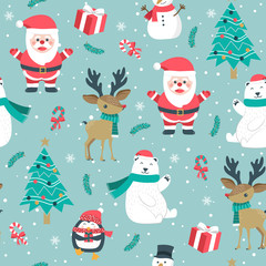 Christmas seamless pattern with santa and reindeer background, Winter pattern with polar bear, wrapping paper, pattern fills, winter greetings, web page background, Christmas and New Year