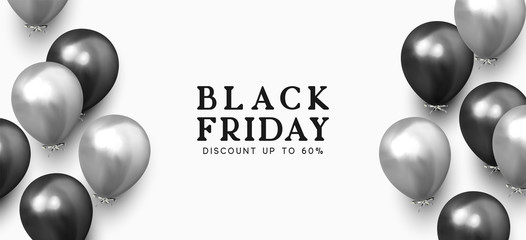 Black Friday sale. Background with black and silver balloons. Holiday banner, web poster, flyer, cover card, Festive celebrate backdrop ballons. Vector illustration