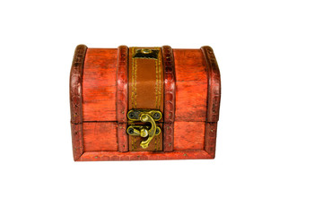 Closed vintage chest from red wood isolated on a white background