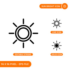 Sun bright icons set vector illustration with solid icon line style. Heat energy intensity concept. Editable stroke icon on isolated background for web design, infographic and UI mobile app.
