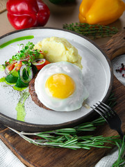 breakfast with fried eggs and coffee
