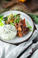 hearty lunch with rice and chicken