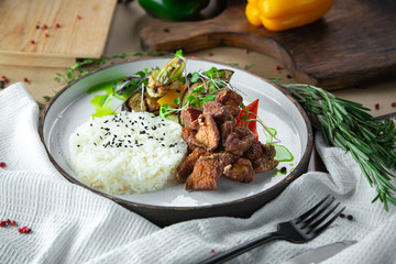 hearty lunch with rice and chicken