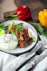 hearty lunch with rice and chicken