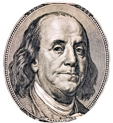 Benjamin Franklin portrait look on 100 dollar paper banknote