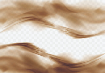 Desert sandstorm, brown dusty cloud border or dry sand flying with gust of wind, brown smoke realistic texture with small particles or grains vector illustration isolated on transparent background © klyaksun
