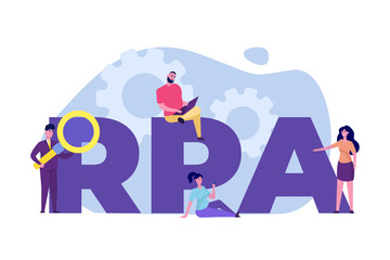 Robotic Process Automation concept. Micro around people RPA inscription. Vector illustration.