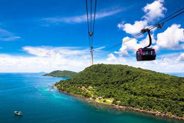 Funicular sky cable car in Phu Quoc island ith blue sky and clear water in Southern Vietnam...