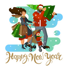 Happy family with child returns home with a Christmas tree and holiday shopping on new year's eve and Christmas eve. Design of template for banner, ads, poster
