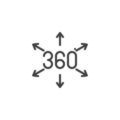 360 degrees direct arrows line icon. Panoramic view linear style sign for mobile concept and web design. 360 rotation sign outline vector icon. VR technology symbol, logo illustration