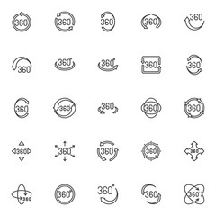 360 degree view line icons set. linear style symbols collection, outline signs pack. vector graphics. Set includes icons as panoramic view, rotation 360 degrees arrow, VR technology, angle rotate