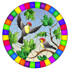 Illustration in stained glass style on the theme of autumn, two birds in the sky and maple leaves