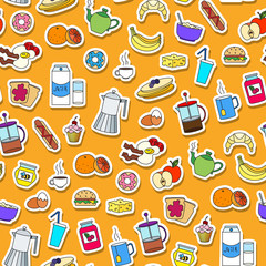 Seamless pattern on Breakfast and food theme, simple color sticker icons on an orange background