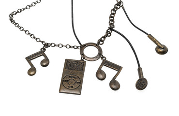 pendant on a chain with musical notes, with a player and headphones