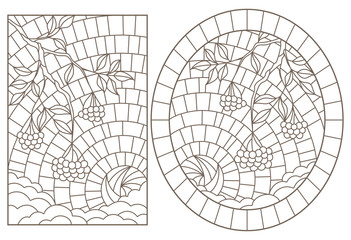 Set of contour illustrations with stained glass, Rowan branches against the sky, dark outlines on a white background