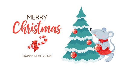 Fototapeta na wymiar Merry Christmas, xmas postcard with fir-tree and mice on white background