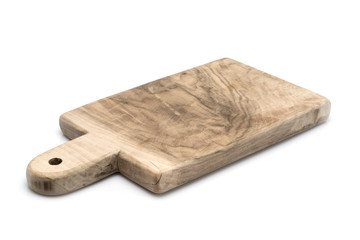 Surface of the old wooden planks kitchen board, isolated on white background