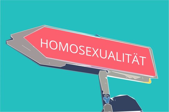 Homosexualit?t. Wegweiser rotes Schild. Pfeil Richtung nach links.