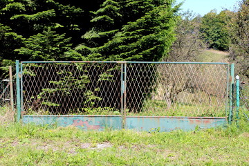 Closed elongated partially rusted metal entrance doors with cracked faded light green paint surrounded with tall uncut grass and dense trees on warm sunny summer day