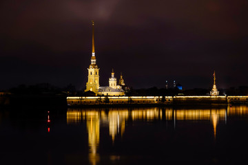 St Petersburg, Russia The Peter and Paul fortress and cathedral at night.