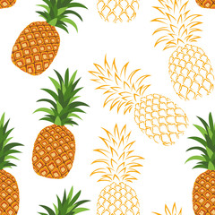 Pineapple seamless pattern on white background. Vector illustration in cartoon simple flat style.